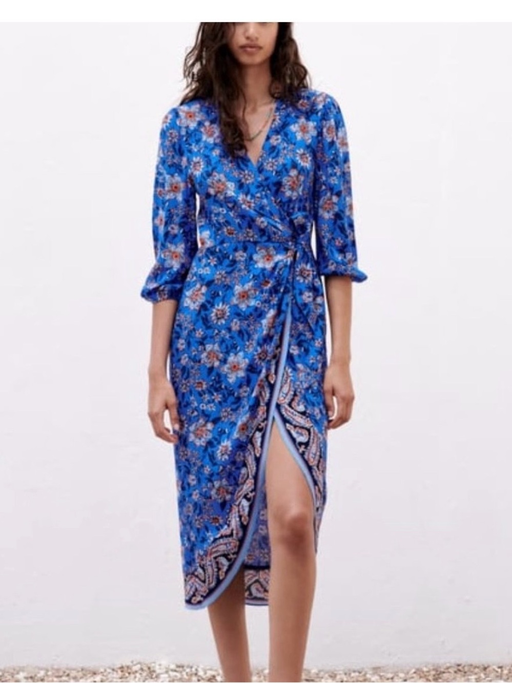 Zara Royal Blue Floral Wrap Midi Dress